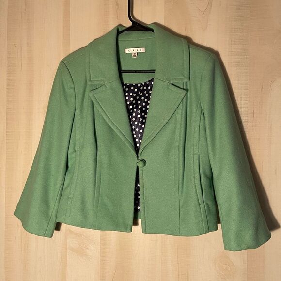 CABi green wool‎ jacket blazer with navy polka dot lining, size medium - Picture 3 of 15